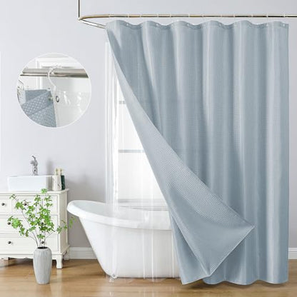 QiyI 3 in 1 Waffle Shower Curtain Set with Liner, Fog Blue, 72 x 72 | Shower Curtain and Liner Set with Hooks, Waterproof Bathroom Curtain with PEVA Liner & 12 Double Sided Clear Plastic Rings - color: Fog Blue, size: 72"W x 72"L (Pack of 1)