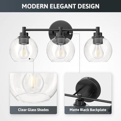 VONLUCE 3 Light Bathroom Vanity Light Fixtures, Black Finish | Globe Glass Shades, E26 Sockets, Easy to install, Vanity Lights for Bedroom Hallway Living Room - color: Black, size: 3-Light