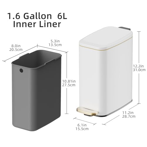 KUK Slim Bathroom Trash Can with Lid, 1.6 Gal / 6L Stainless Steel Small Garbage Bin with Detachable Inner Bucket, Step Pedal, Silent Close, Wastebasket for Toilet, Bedroom, Home, Office (White) - color: Matt White