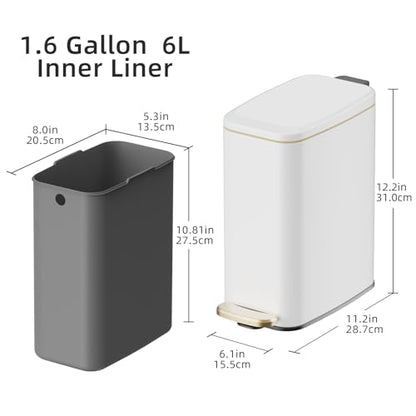 KUK Slim Bathroom Trash Can with Lid, 1.6 Gal / 6L Stainless Steel Small Garbage Bin with Detachable Inner Bucket, Step Pedal, Silent Close, Wastebasket for Toilet, Bedroom, Home, Office (White) - color: Matt White