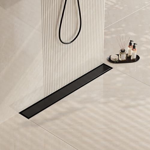 Neodrain 24" Matte Black Linear Shower Drain,2-in-1 Flat& Tile Insert Cover | 304 Stainless Steel,Fast Drainage, Durable,Rectangle Shower Floor Drain with Adjustable Feet,Hair Strainer,Fits Bathrooms - color: Matte Black, size: 24 In