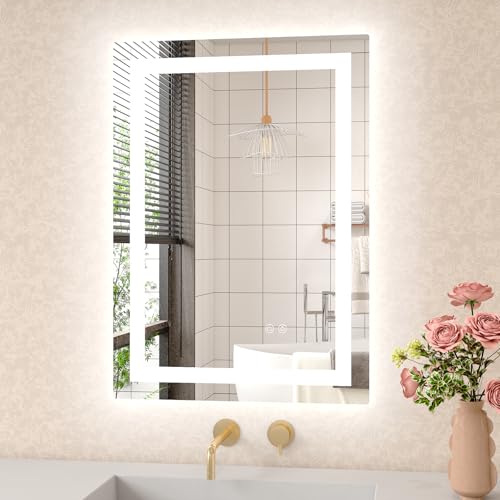 LED Mirror for Bathroom 20x28 Lighted Bathroom Vanity Mirrors with Lights, Brighter Frontlit and Backlit Anti-Fog Mirror, Tempered Glass, Dimmable 3 Colors Light Modes, Memory Function - size: 20"L x 28"W