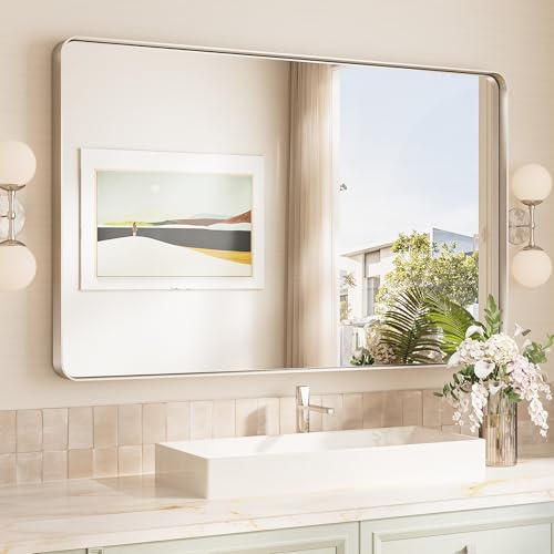 48x30 Brushed Nickel Bathroom Wall Mirror Vanity Metal Frame Round Corner Rectangular for Home Decor Living Room Entryway - color: Brushed Nickel, size: 30"L x 48"W, style: Rectangle