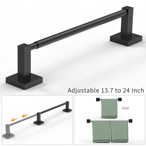 RUACQ Adjustable Towel Bar, Towel Racks for Bathroom Wall Mounted, Black | Adjust 13.8 to 24 inch Single Towel Rod, Bath Towel Holder, 304 Stainless Steel, Rustproof, Square Base, Heavy Duty, Modern - color: Matte Black, size: 13.8-24 inch(Center to Cente