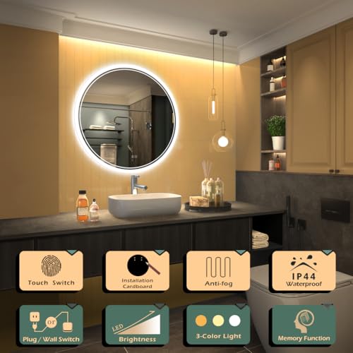 Round Mirror Bathroom LED Lighted Mirror, Illuminated Dimmable Anti-Fog Wall-Mounted Makeup Vanity Mirror with Lights (39.5" L x 39.5" W) - size: 39.5"L x 39.5"W
