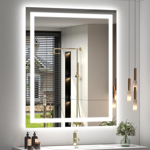 30x36 LED Lighted Bathroom Mirror for Vanity Wall | Front Light and Backlit, Anti-Fog, Memory, 3 Color, Tempered Glass, Dimmable, Rectangular, UL, Horizontal/ Vertical Mounted - color: Rectangular Led Bathroom Mirror, size: 36"L x 30"W
