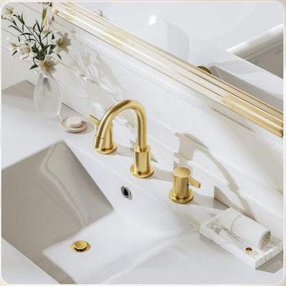 Brushed Gold 3 Hole 8 Inch Widespread Bathroom Sink Faucet, Bathroom Faucet Set with Metal Pop UP Drain and Valve, WF15-1-BG - color: Brushed Gold