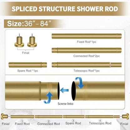 ZYRW Shower Curtain Rod 36-84 Inches (3-7ft) Non Rust Adjustable Shower Rod Spring Tension Non Slip No Drilling Stainless Steel Shower Rods for Bathroom Window - color: Brushed Gold, size: 36"-84"