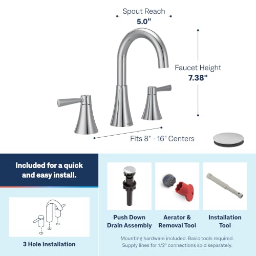 Moen 84023 Ronan Two-Handle Widespread Bathroom Sink Faucet, Valve Included, Chrome, Modern 3-Hole Faucet with Push-Down Drain Assembly - color: Chrome, size: Widespread (Pack of 1), style: Widespread