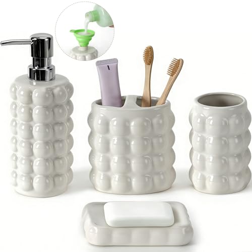 4 Piece Ceramic Bathroom Accessories Set –Soap Dispenser,Toothbrush Holder,Tumbler & Soap Dish,Includes Silicone Funnel,Non-Slip,Modern Farmhouse Countertop Organizer Set for Bathroom Decor, White - color: White Bathroom Accessories Set 4 Pcs