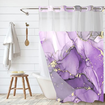 Purple Marble No Hook Shower Curtain with Snap in Liner- Luxury Marble Shower Curtains for Bathroom- Fabric Inner Liner, Modern Abstract Gold Stripes Bath Curtains- Machine Washable,71 x 74 - color: Purple Marble