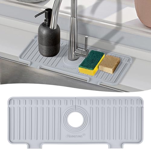Amerner Kitchen Sink Splash Guard, Silicone Faucet Guard & Draining Mat, 10° Large Slope Sink Faucet Mat Splash Guard, Bathroom Sink Organizer, Kitchen Sink Accessories Gadgets, 14.2” x 5.1”, Gray - color: Gray, size: 14 IN