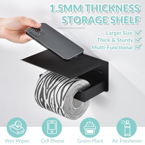 Matte Black Toilet Paper Holder with Shelf, Left Side, Wall Mounted | Robust 304 Stainless Steel, Modern Tissue Holder Fits for Bathroom, Restroom, Vanity, Kitchen, Paper Roll & Phone Storage - color: Matte Black