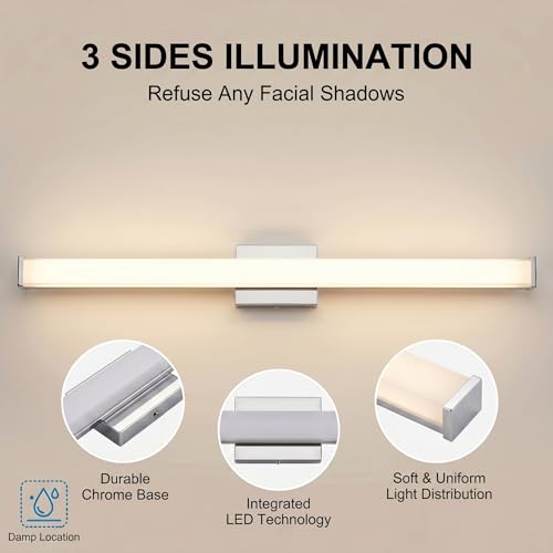 URSOLA 48" Modern LED Bathroom Light Fixtures, Chrome 3CCT Dimmable Bathroom Vanity Light Over Mirror, Bathroom Vanity Bath Bar Lights with Double Layer Acrylic Shade - color: Chrome, size: 48inch