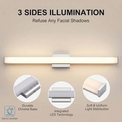 URSOLA 48" Modern LED Bathroom Light Fixtures, Chrome 3CCT Dimmable Bathroom Vanity Light Over Mirror, Bathroom Vanity Bath Bar Lights with Double Layer Acrylic Shade - color: Chrome, size: 48inch