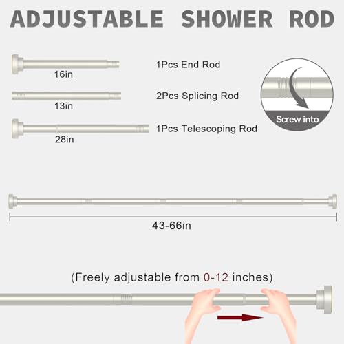 Thestoa Brushed Nickel Shower Curtain Rod Adjustable 43-66 inch, 1"Diameter Spring Tension Curtain Rod No Drill, Anti-Rust Non-Slip Shower Rod for Bathroom Tension Rod - color: Brushed Nickel, size: 43"- 66"