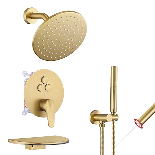 VANFOXLE Shower Faucet Set Brushed Gold Shower System, Push Button Diverter | 8 Inch Wall Mount Head, 2-in-1 Handheld Sprayer, 9 Inch Bathtub Waterfall Spout, Solid Brass Valve, Rust Resistant - color: Brushed Gold, style: 8 Inch