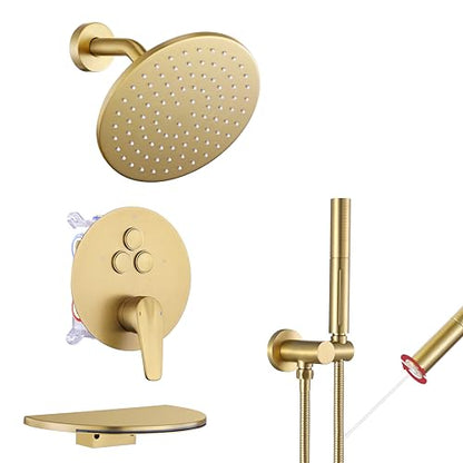 VANFOXLE Shower Faucet Set Brushed Gold Shower System, Push Button Diverter | 8 Inch Wall Mount Head, 2-in-1 Handheld Sprayer, 9 Inch Bathtub Waterfall Spout, Solid Brass Valve, Rust Resistant - color: Brushed Gold, style: 8 Inch