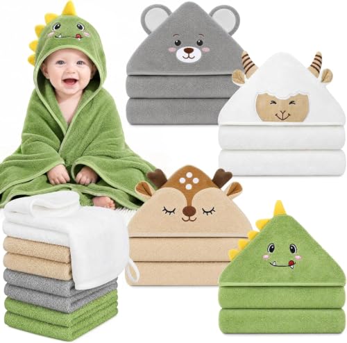 12 PCS Baby Bath Towels Set, Baby Towels for Newborn Bath Essentials Gifts | Animal Hooded, Ultra Thick Soft Absorbent, 4 Baby Towels & 8 Washcloths for Boy Girl Infants (Dinosaurs, Sheep, Elk, Bear) - color: Green, White, Gray, Brown