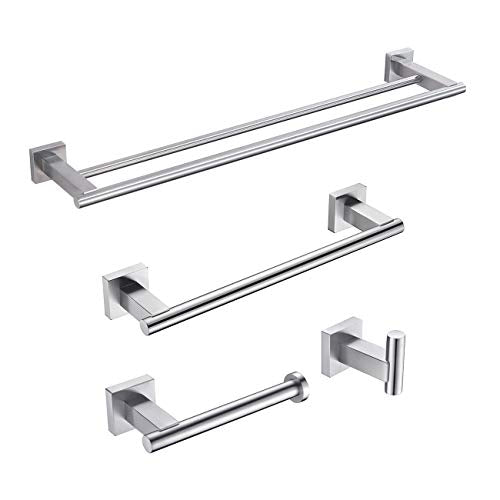 Miyili Bathroom Accessories Set 4-Piece Bath Hardware Kit Brushed Stainless Steel Wall Mount - Includes Double Towel Bar, Hand Towel Rack, Toilet Paper Holder, Robe Hook, BS02N4 - color: Brushed Steel