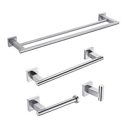 Miyili Bathroom Accessories Set 4-Piece Bath Hardware Kit Brushed Stainless Steel Wall Mount - Includes Double Towel Bar, Hand Towel Rack, Toilet Paper Holder, Robe Hook, BS02N4 - color: Brushed Steel