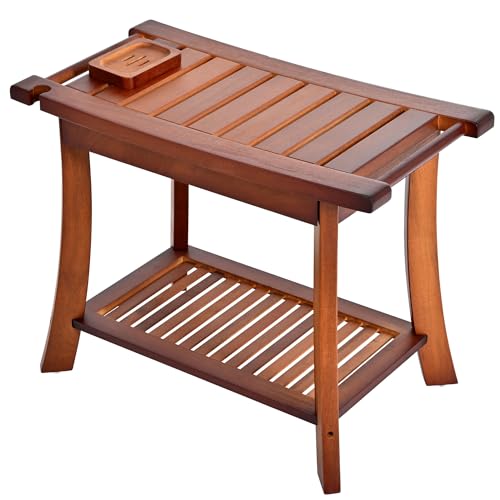 Teak Shower Chair Stool, 24" Shower Bench Seat, Wooden Bathroom Bench with Storage Shelf for Indoor & Outdoor Use - size: 24"