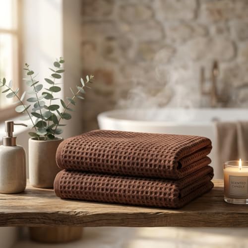 Bamboo Viscose Waffle Bath Towels - Pack of 2 - Brown - 250 GSM – 100% Viscose Derived from Bamboo - Quick-Dry Waffle Weave - Spa & Gym Ready - Oeko-TEX Certified – Absorbent - Breathable - color: Brown