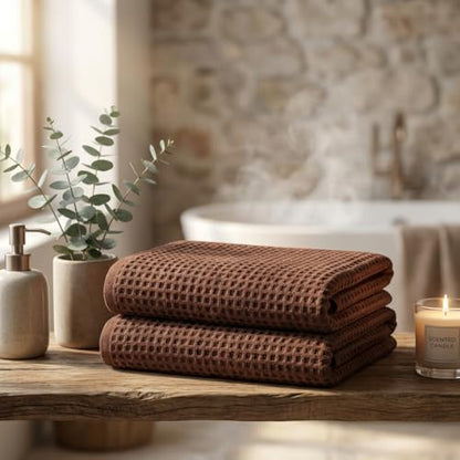 Bamboo Viscose Waffle Bath Towels - Pack of 2 - Brown - 250 GSM – 100% Viscose Derived from Bamboo - Quick-Dry Waffle Weave - Spa & Gym Ready - Oeko-TEX Certified – Absorbent - Breathable - color: Brown