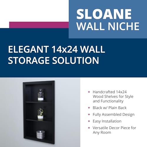 14x24 Sloane Recessed Wall Niche Medicine Cabinet Replacement, in The Wall Bathroom Cabinet Insert Shelf/Shelves, Made in North America, Real Wood, NO MDF, Black Plain Back - color: Black, size: 14x24