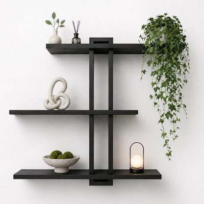 Black Floating Shelves for Bathroom, 3 Tier Pine Wood Wall Mounted Shelf, 20 Inch Large Wall Mounted Shelf for Towels, Toiletries, Plants, Photos, Home Decor