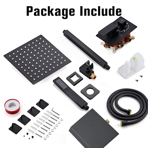 12 Inch Ceiling Mount Shower System Matte Black Rain Mixer Shower Combo Set High Pressure Rainfall Shower Head System Bathroom Luxury Shower Faucet Set Rough-in Valve and Shower Trim Included - color: Matte Black, style: 12 Inch-Update Valve