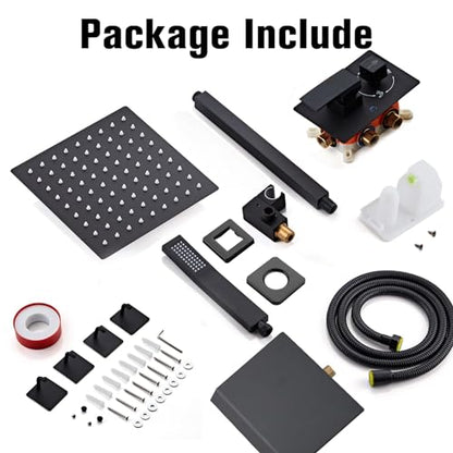 12 Inch Ceiling Mount Shower System Matte Black Rain Mixer Shower Combo Set High Pressure Rainfall Shower Head System Bathroom Luxury Shower Faucet Set Rough-in Valve and Shower Trim Included - color: Matte Black, style: 12 Inch-Update Valve
