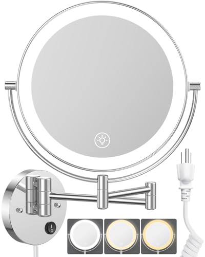9" Wall Mounted LED Makeup Mirror, 1X/10X Magnifying Vanity Mirror, Corded | Large Size, Plug-in, Not Battery Operated, Extended Arm, 3 Color Lights, 360° Swivel, 2-Sided, Touch Dimmable - color: Silver