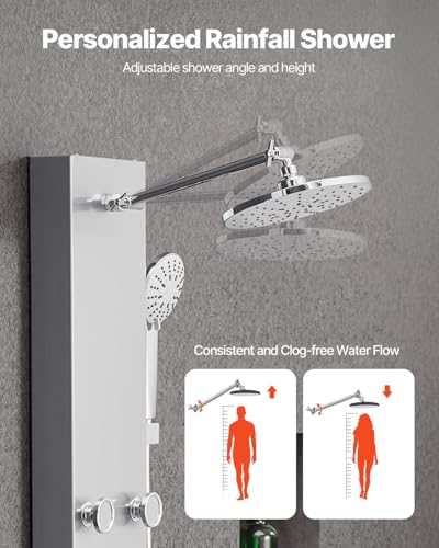 VEVOR Shower Panel Tower System with Rainfall Shower Head, 49 in Brushed Stainless Steel Shower Column, 3-Function Faucet, High Pressure Wall-Mount Rain Massage System with 6 Body Jets and Handheld