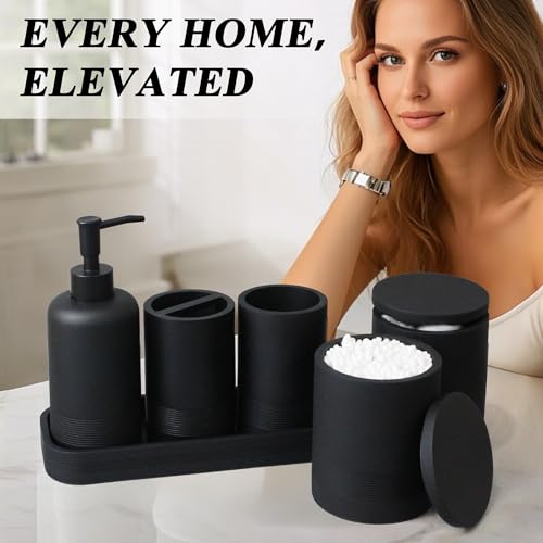 LIN CHUAN 6-Piece Bathroom Accessories Set, Modern Bathroom, Black | Includes soap dispenser, toothbrush holder, vanity tray, tumbler, and 2 cotton swab jars for bathroom organization set. - color: Black