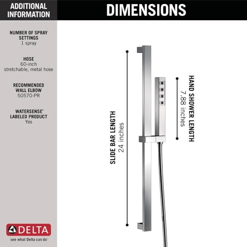 Delta Faucet Single-Spray H2Okinetic Slide Bar Hand Held Shower with Hose, Chrome Handheld Shower Head, Slide Bar Hand Shower, Handheld Shower, Detachable Shower Head, Chrome 51567 - color: Chrome