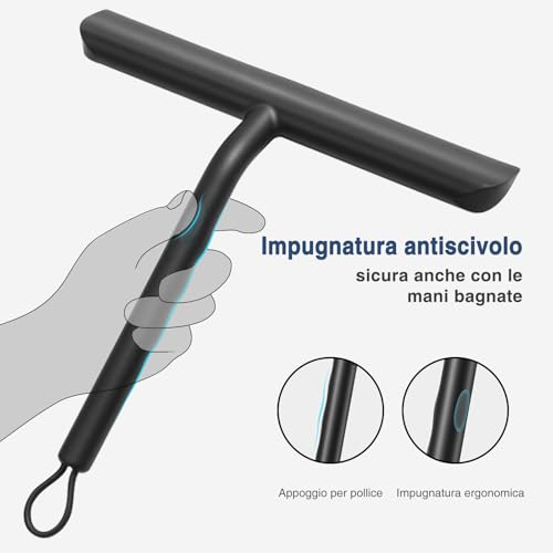 Silicone Shower Squeegee, Shower Screen Squeegee for Bathroom and Glass, Cleans Scrapers and Mirrors without Traces – Practical Cleaning Accessory – 21 cm, Black - color: Black