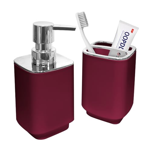 2Pcs Burgundy Bathroom Set, Square Boho Soap & Toothbrush Holder Set | Thick shatterproof ABS, electroplated rust-proof pump, drip-free, multi-slot holder, dustproof lids, easy-clean - color: Burgundy, size: 2PCS