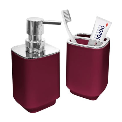 2Pcs Burgundy Bathroom Set, Square Boho Soap & Toothbrush Holder Set | Thick shatterproof ABS, electroplated rust-proof pump, drip-free, multi-slot holder, dustproof lids, easy-clean - color: Burgundy, size: 2PCS