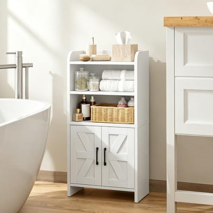 Small Bathroom Storage Cabinet, Farmhouse Freestanding Toilet Paper Storage with 2 Doors and Shelves, Slim Bathroom Storage Cabinet for Small Spaces, White, 7.9" D x 14.2" W x 29.5" H