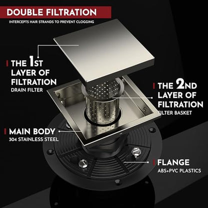 4 Inch Square Shower Drain Nickel Floor Drain with Flange Reversible 2-in-1 Cover Tile Insert Grate Removable SUS304 Stainless Steel CUPC Certified Brushed Nickel - color: Brushed Nickel, size: 4 Inch