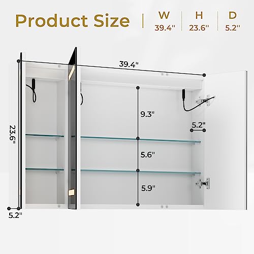 Hasuit Lighted Medicine Cabinet with Mirror, Wall Mounted Bathroom Mirror with Storage, 3 Doors Bathroom Wall Cabinet with LED Lights, 39.4'' x 23.6'' - size: 39.4'' x 23.6'' With 3 Doors