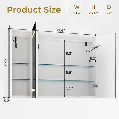 Lighted Medicine Cabinet with Mirror, Wall Mounted Bathroom Mirror with Storage, 3 Doors Bathroom Wall Cabinet with LED Lights, 39.4'' x 23.6'' - size: 39.4'' x 23.6'' With 3 Doors