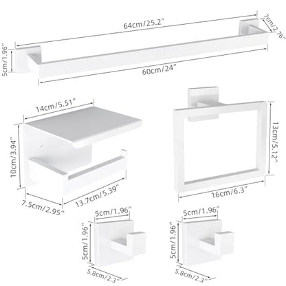 5-Pieces Bathroom Hardware Accessories Set, 24 Inch Stainless Steel Towel Racks for Bathroom, Towel Bar Set Towel Ring Coat Hook and Toilet Paper Holder with Shelf Wall Mounted, White - color: White
