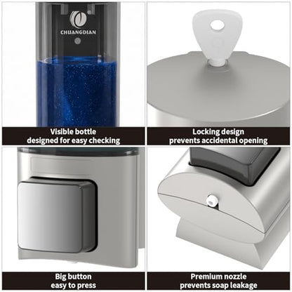 Manual Soap Dispenser Wall Mount, 6.76oz/200ml, No Drill, with Key, Silver | Shampoo Conditioner Body Wash Dispenser, Leak-Proof, Refillable, Home Kitchen Guest Bathroom Washroom Laundry Room Garage RV - color: Silver