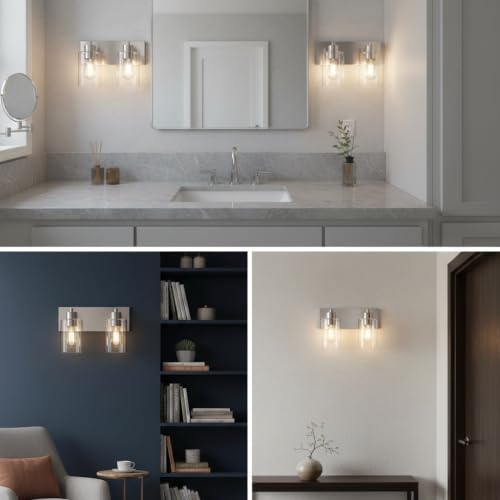 2-Light Brushed Nickel Bathroom Vanity Lights, Clear Glass | Brushed Nickel Metal Frame,Up/Down Wall Mount,cylinder Glass Shade,Kitchen Hallway Bedroom Indoor Use,Easy Install,E26 Base - size: 2-light