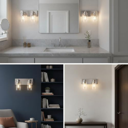 2-Light Brushed Nickel Bathroom Vanity Lights, Clear Glass | Brushed Nickel Metal Frame,Up/Down Wall Mount,cylinder Glass Shade,Kitchen Hallway Bedroom Indoor Use,Easy Install,E26 Base - size: 2-light