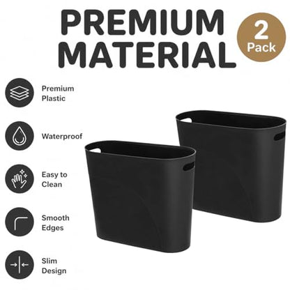 ROYFACC Small Trash Can Plastic Bathroom Wastebasket 3.2 Gallon Slim Garbage Container Bin with Handle for Home Kitchen Bathroom Bedroom Office, 2 Pack (Black) - color: Black