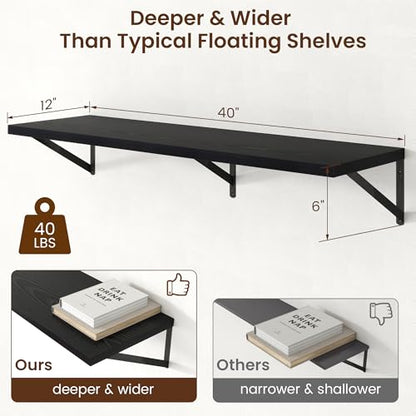Deep Floating Shelves - 40 Inch Black Floating Shelves Set of 2-12 Inch Deep Wood Wall Shelves for Living Room Bathroom Kitchen - color: Black, size: 40W x 12D