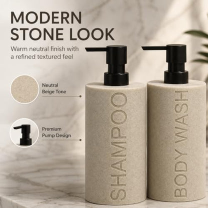 Resin 2 Pack Shampoo, Conditioner or Body Wash Dispenser Set, Luxurious Refillable Pump Bottles with Matte Pump Top and Embossed Text, Durable Design for Bathroom and Shower - color: Tan Shampoo & Body Wash